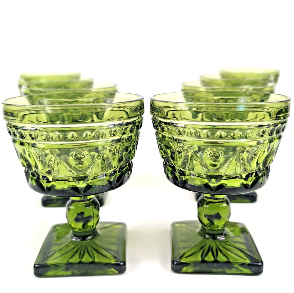 8 Indiana Glass Park Lane Wine Water Sherbet Dessert Goblets 70s Avocado Green