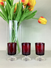 Set of 3 RUBY RED 1 oz Shot Glasses Clear Stem & Base Cordial Made in France