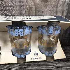 Vintage Federal Glassware Houses Homes Neighborhood Blue Gold Glass Set New