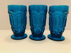 Weishar Glass Moon & Stars Colonial Blue Footed Iced Tea Tumblers, Set of 3