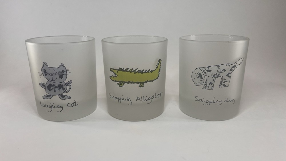 Set of 3 Dartington Designs France Frosted Tumblers Cat Alligator Dog 3.75” Tall