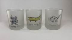 Set of 3 Dartington Designs France Frosted Tumblers Cat Alligator Dog 3.75” Tall