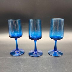 Vintage Blue Empoli Glasses Goblet Set Of 3 Italian Blown Glass Stemware MCM