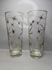 Rare Pair (2) MCM North Star burst Gold Atomic Highball Collins Glasses