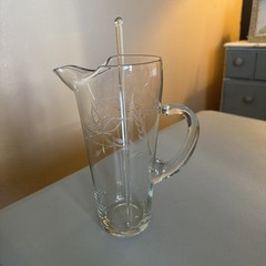 MCM Bamboo Etched Cocktail Pitcher mixer + Glass Rod Stirrer Stick – EX Cond.