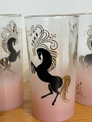 Set of four vintage Libbey frosted pink highball glasses horses 22K Gold Accents