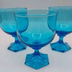 Vintage MCM Anchor Hocking Flair Laser Blue Footed Wine Goblets Set Of 3