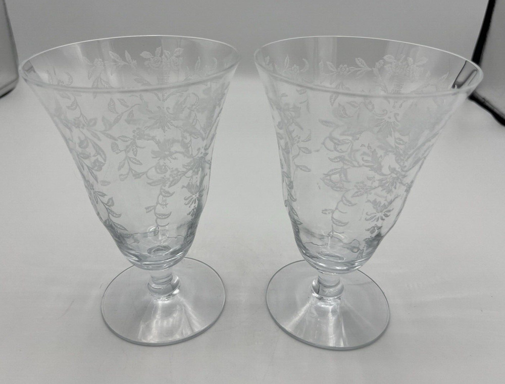 Lacy Needle Etch Optic Water Iced Tea Glass Goblet Pair 5 5/8″ Tall