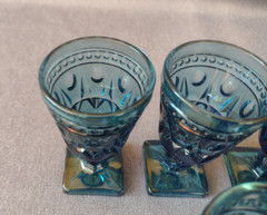 Vintage Blue Glass Square Foot Apertif Glasses – Set of 6