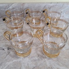 Greek Key Continental Coffee Cup/Mug by Libbey 60s Art Deco Gold Metal Set of 8