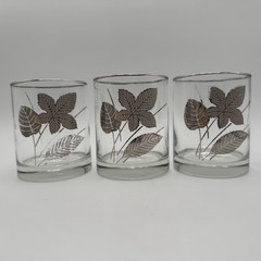 5 Libbey Platinum Leaves Double Old Fashioned Glass 4″ Silver Trim VTG