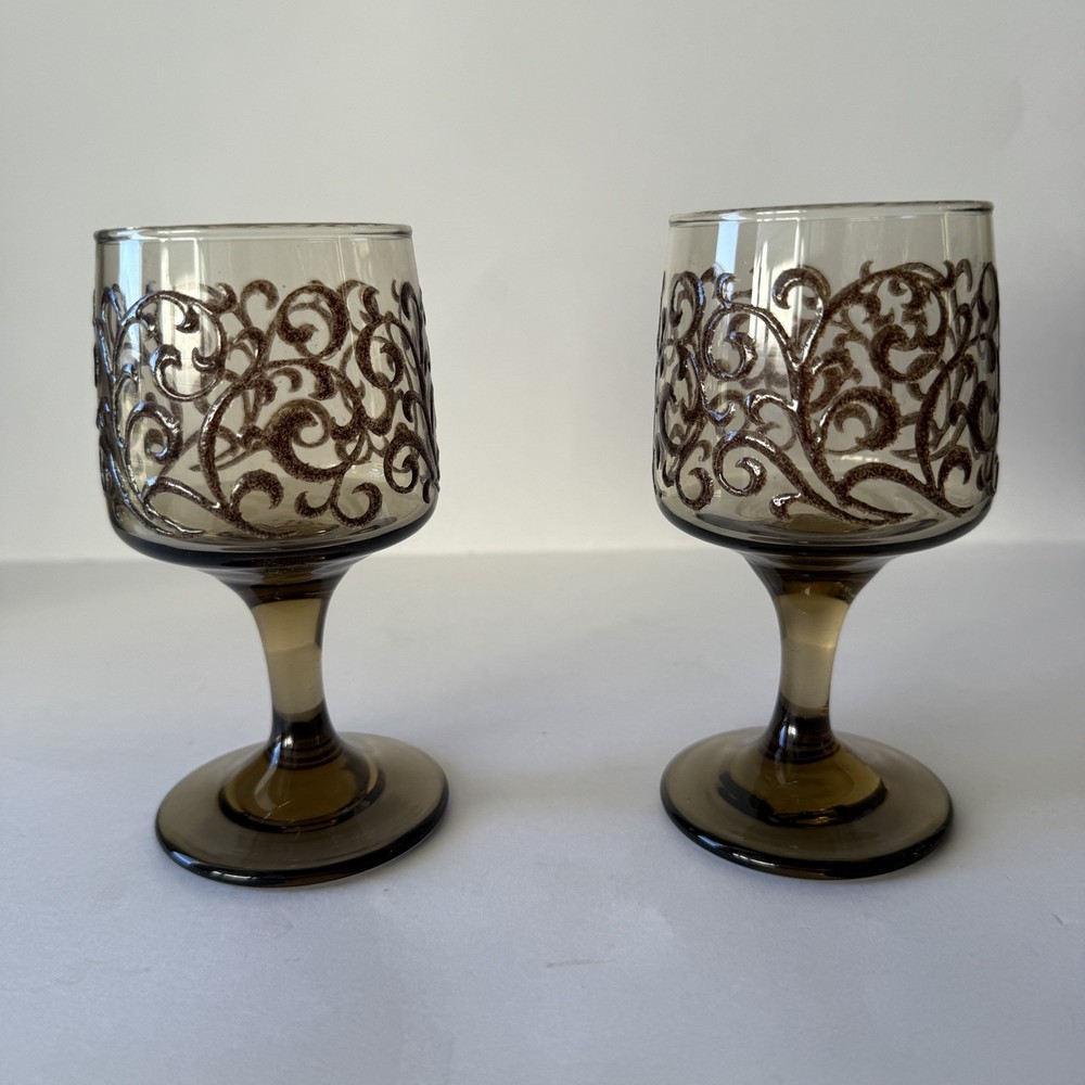 Vintage Pair 1970s Libbey Prado Empire Scroll Wine Glasses Smoked Glass Stemware