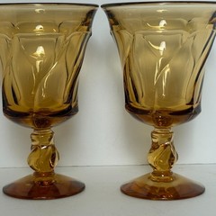 Set/2 Vintage Fostoria Jamestown Amber Swirl Water Goblets Glasses Twist Stem 6″