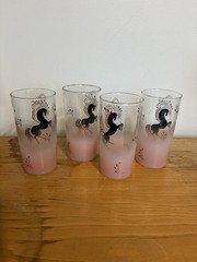 Set of four vintage Libbey frosted pink highball glasses horses 22K Gold Accents
