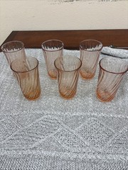 6 Arcoroc France Rosaline Pink Swirl Glass Tumblers 6″ Tall, 12oz.