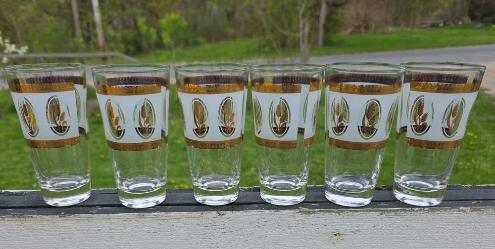 Lot Of 6 Vtg Brockway Glass Co. Tumbler Glass Golden Wheat Frosted 12 oz