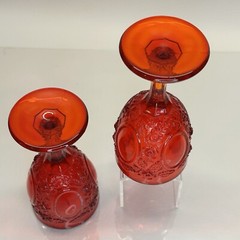 Fenton Mirrors & Roses Ruby By LG Wright Glasses (2) Vintage 5″ Goblet Amberina