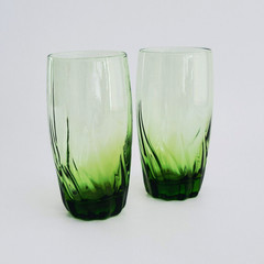 Retro Anchor Hocking Central Park Ivy Green Tumbler Glass Set of 2, MCM USA Made
