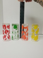 Set Of 4 Red Shed Fruit Juice Glasses 5′ Apple Cherry Lemon Orange