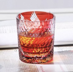 Red Japanese Style Edo Kiriko Glass Whisky Glass Tumbler Hand Cut To 8oz Gift