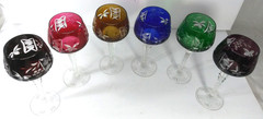 Bohemian Cut to Clear Crystal Multicolored Hock Wine Glasses Vintage Set of 6