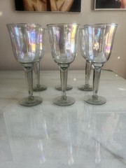 Set of 6 Iridescent Wine Glasses 9” Tall Clear Stem Rainbow Luster Goblets