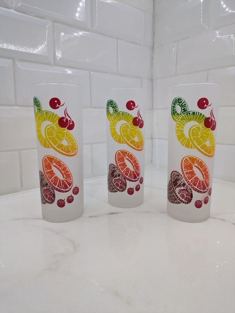 VTG Federal Fruit Pineapple Frosted Collins Zombie Glasses Barware Set of 3 60’s