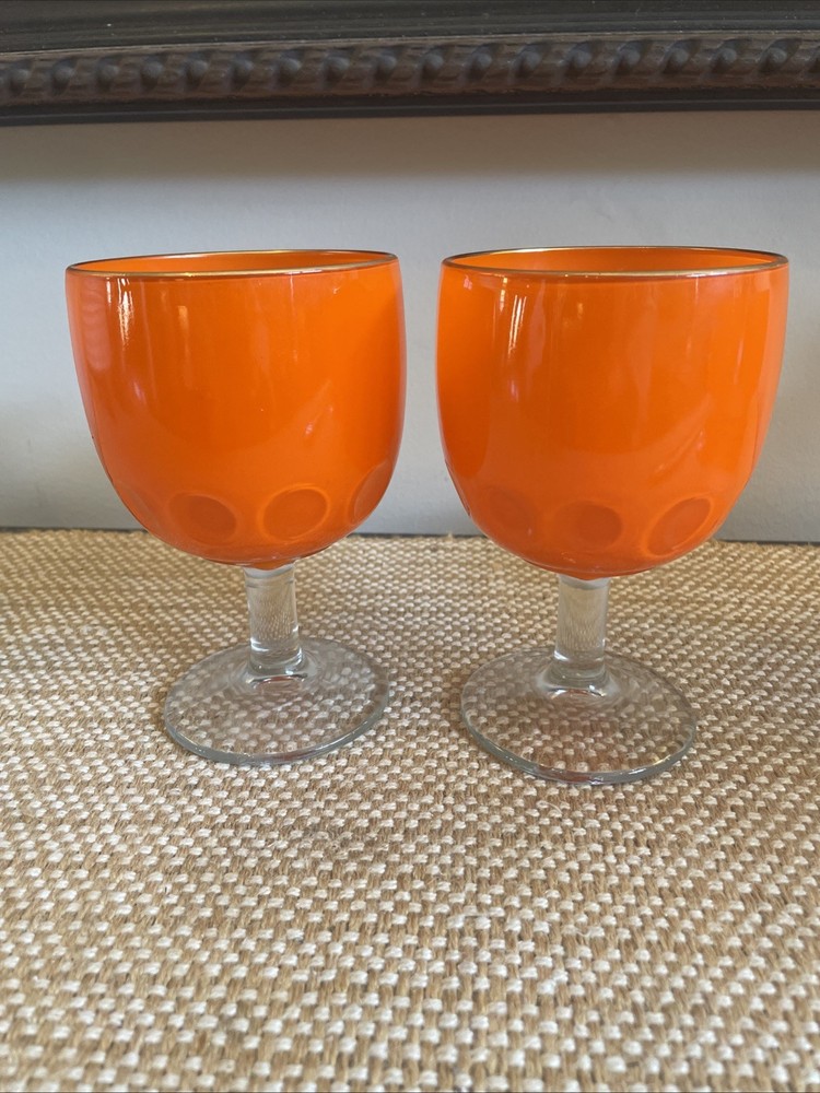 MCM Retro Bartlett Collins Orange Stem Goblet Glass Vintage Thumbprint Set Of 2