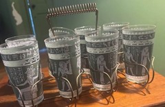 9-PC Hazel Atlas Wedgewood Green Egyptian Tumblers 8 Cups And Carrier RARE