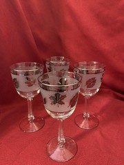 Libbey WATER GOBLET Set 4 Vintage Frosted Glass Silver Leaves Retro 7 1/4″ tall