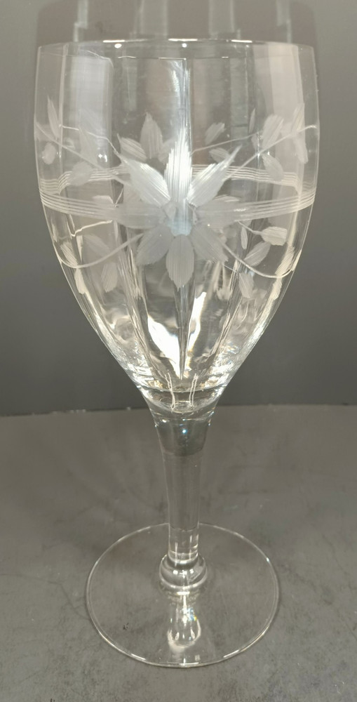Vintage Clear Glass Goblet with Etched Flower Design 10 oz