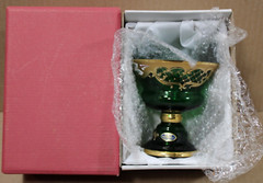 Vintage Czech Republic Bohemian Emerald Green Glass Gold Enameled Goblet NOS B1