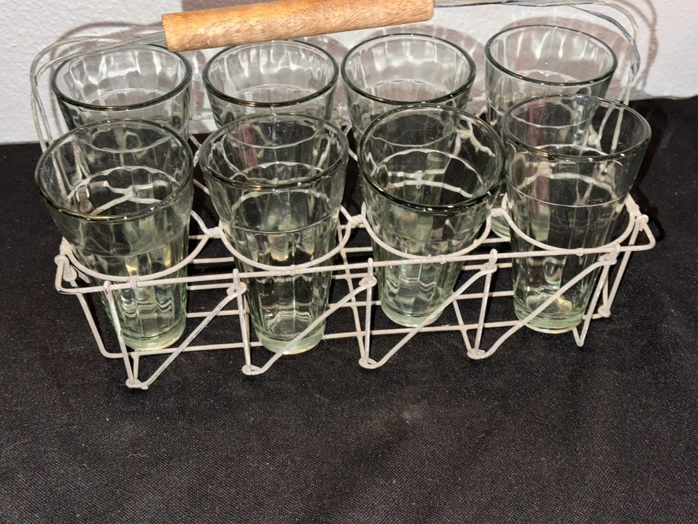 Mid Century Modern Set Of 8 Four Oz Cutting Chai Glasses & Metal Wire Caddy Wood