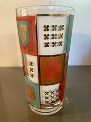 MCM Fred Press Highball Glasses Coat of Arms, Turquoise, Pink and Gold, Set of 2