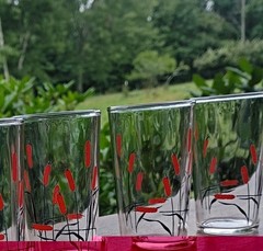 6 Hand Painted Cattail 3 3/4″ 4 oz. Water Glass Tumblers Original Vintage Lot