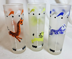 3 Vintage MCM Libbey Glass Frosted Carousel Merry-Go-Round Tumblers Glasses 7”
