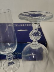NIB 6 Bohemian Crystal Diamond Ball Stem Champagne Flutes Vintage Czechoslavakia