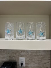 Set Of 4 HandBlown Bullicante Glass Highball Tumblers 6” Applied Starfish Disc