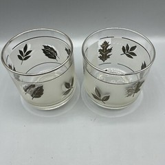 Vintage Libbey Silver Leaf Foliage Old Fashioned Rocks Glasses Frosted MCM Set/2