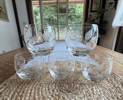 Set Of 5 Lowball Roly Poly Glasses Frosted Etched Floral Leaf Design MCM