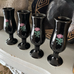 Unmarked Set of 4 Tequila Rose 1 oz Black Glass Floral Pink Rose Shot Glasses