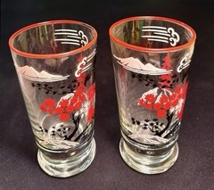 2 MCM VTG Libby Asian Inspired Drinking Glasses Red & Black Excellent Condition