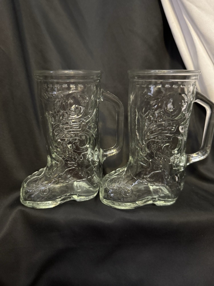 Set Of 2 Clear glass cowboy boot beer mugs by Libby or Anchor Hocking