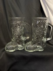 Set Of 2 Clear glass cowboy boot beer mugs by Libby or Anchor Hocking