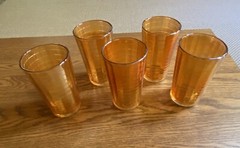 Antique early 1900’s Marigold Carnival Glass Iridescent Banded Tumblers Set of 5