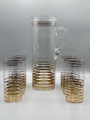 Art Deco Set of 7 Clear Pitcher And 6 Glasses /Tumblers Gold Stripes Hand Blown