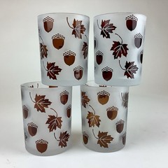 Vintage Set of 4 Acorn & Leaves Frosted Glass Tumblers 12 fl. oz