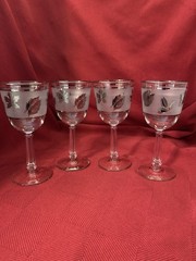 Libbey WATER GOBLET Set 4 Vintage Frosted Glass Silver Leaves Retro 7 1/4″ tall