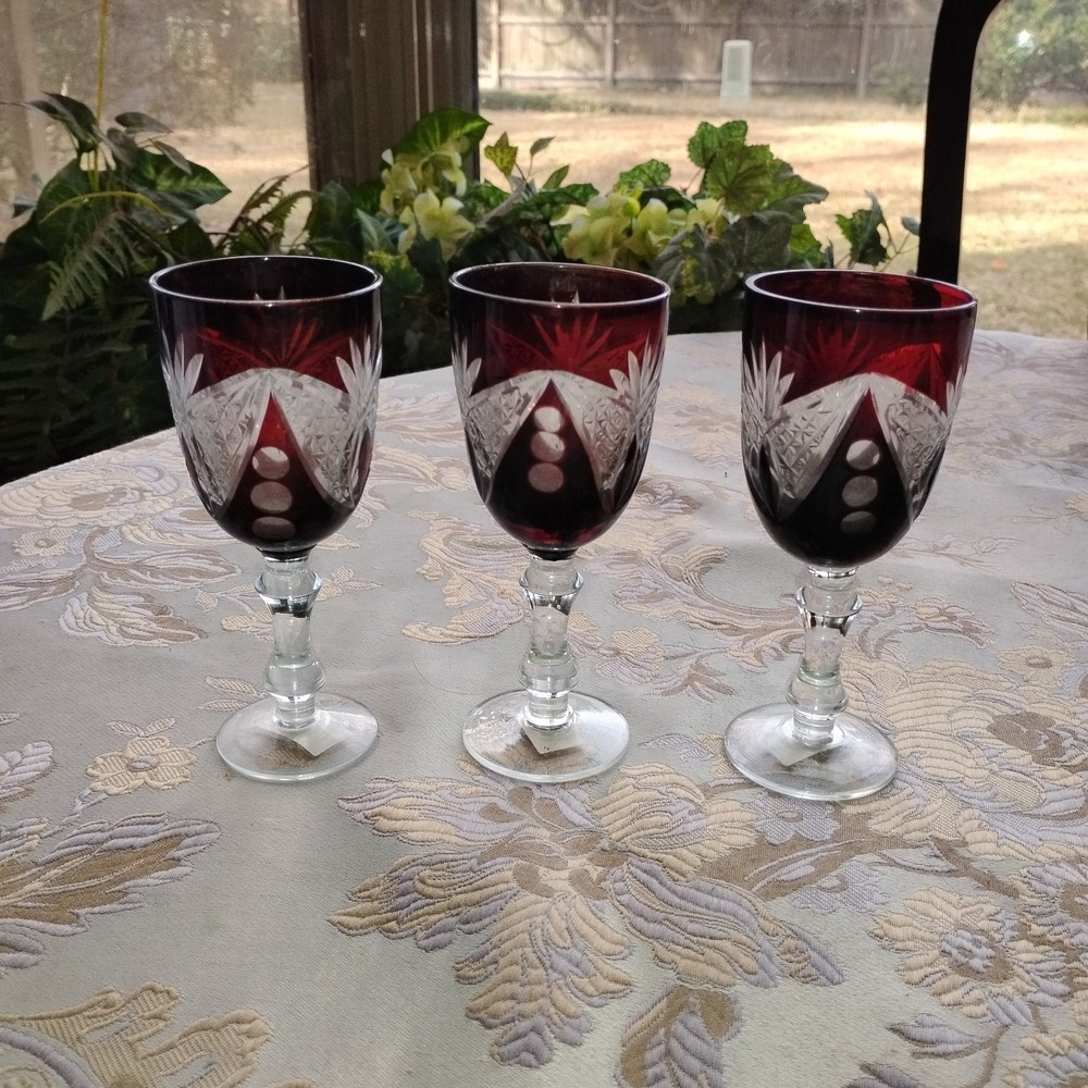 3 Bohemian Cut To Clear Ruby Crystal Glass Sherry Cordial Hock Wine Glasses