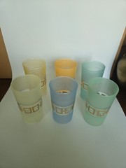 Vtg Bartlett Collins Frosted Pastel & Gold Link Highball Tumbler Glass Set MCM